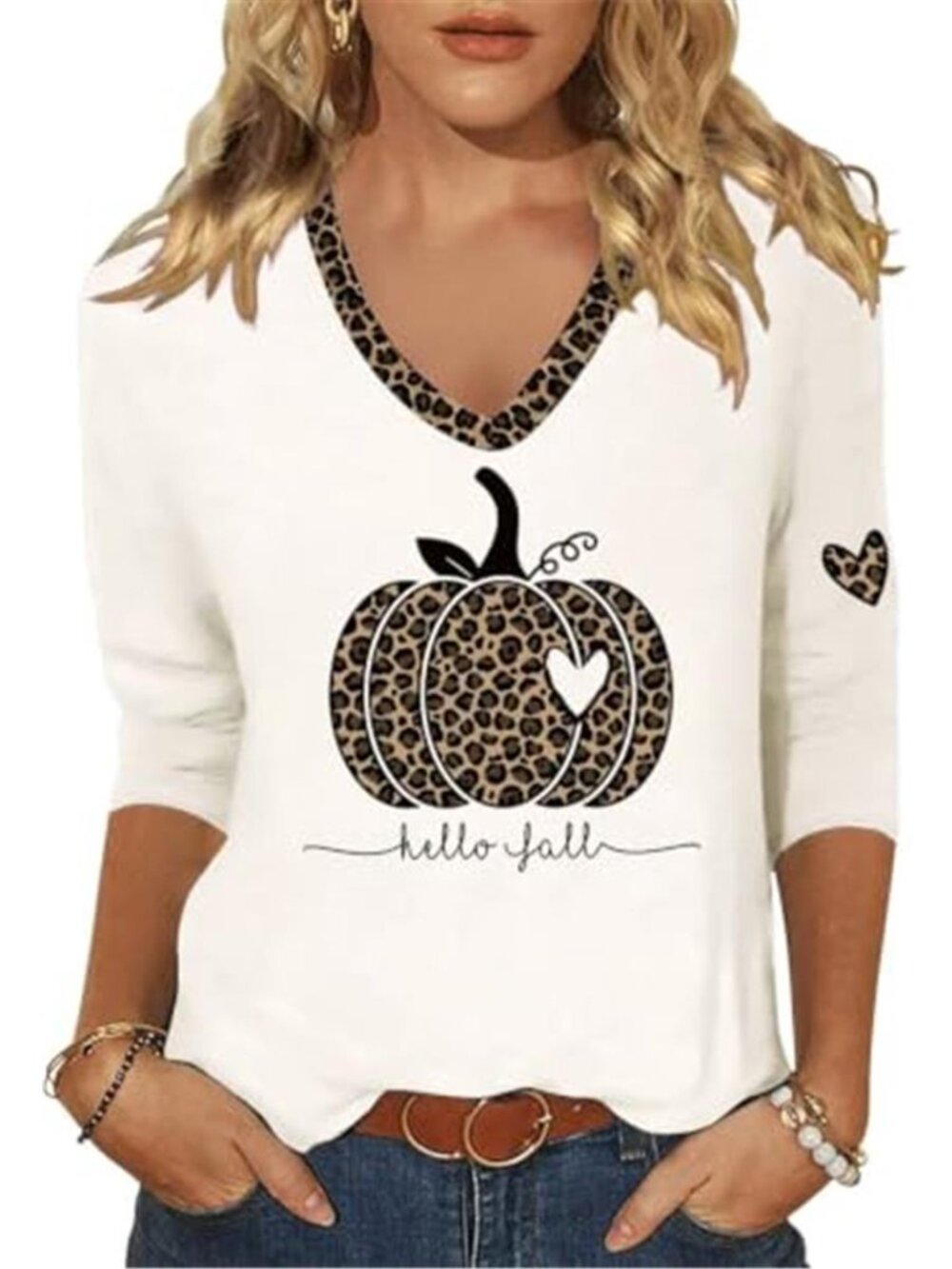 Womens 3/4 Sleeve V Neck Halloween T Shirts Plaid Pumpkin Shirts